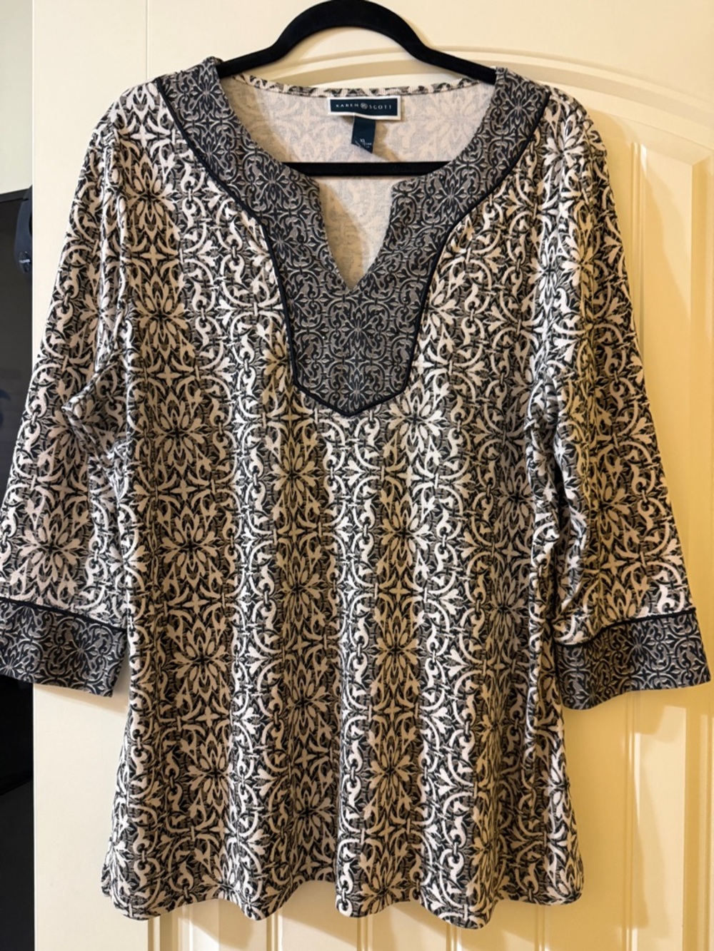 Karen Scott Womens Border Print Boho V-Neck Tunic Top XL EUC